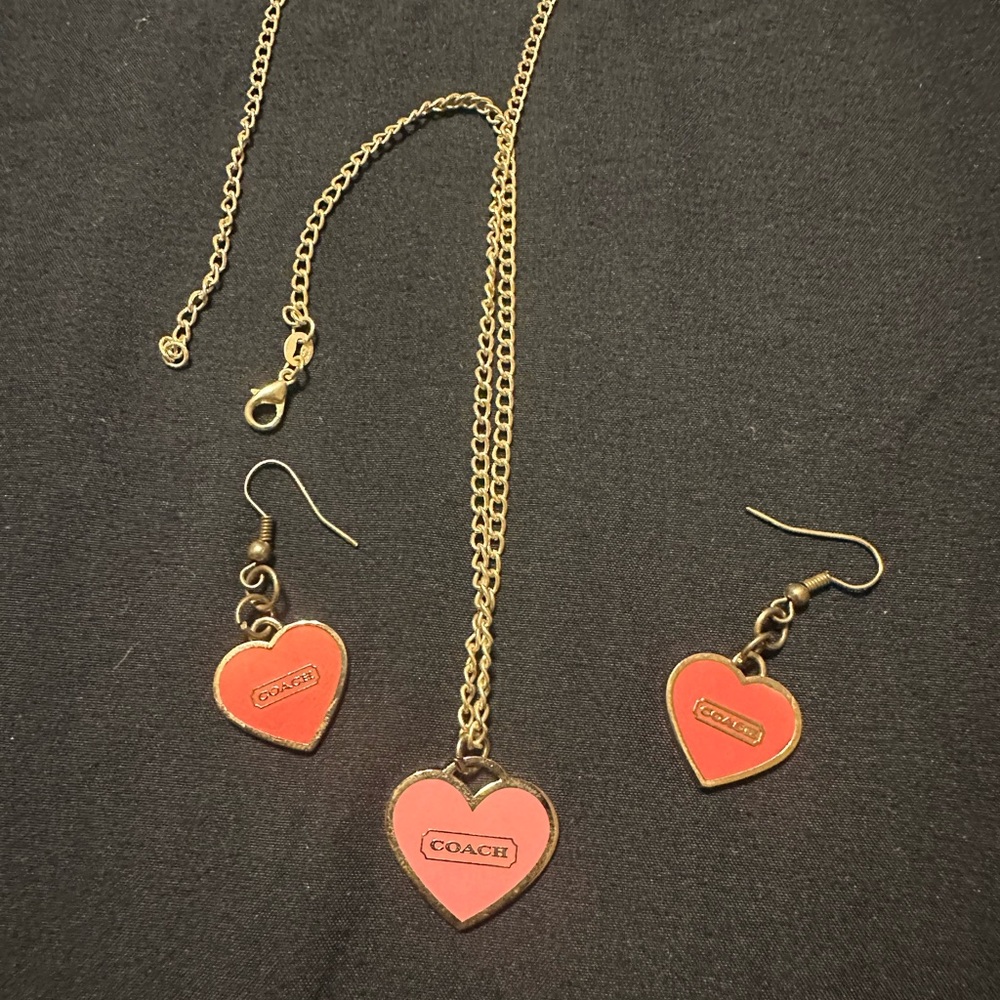 Coach Gold Necklace with Pink Heart Pendants